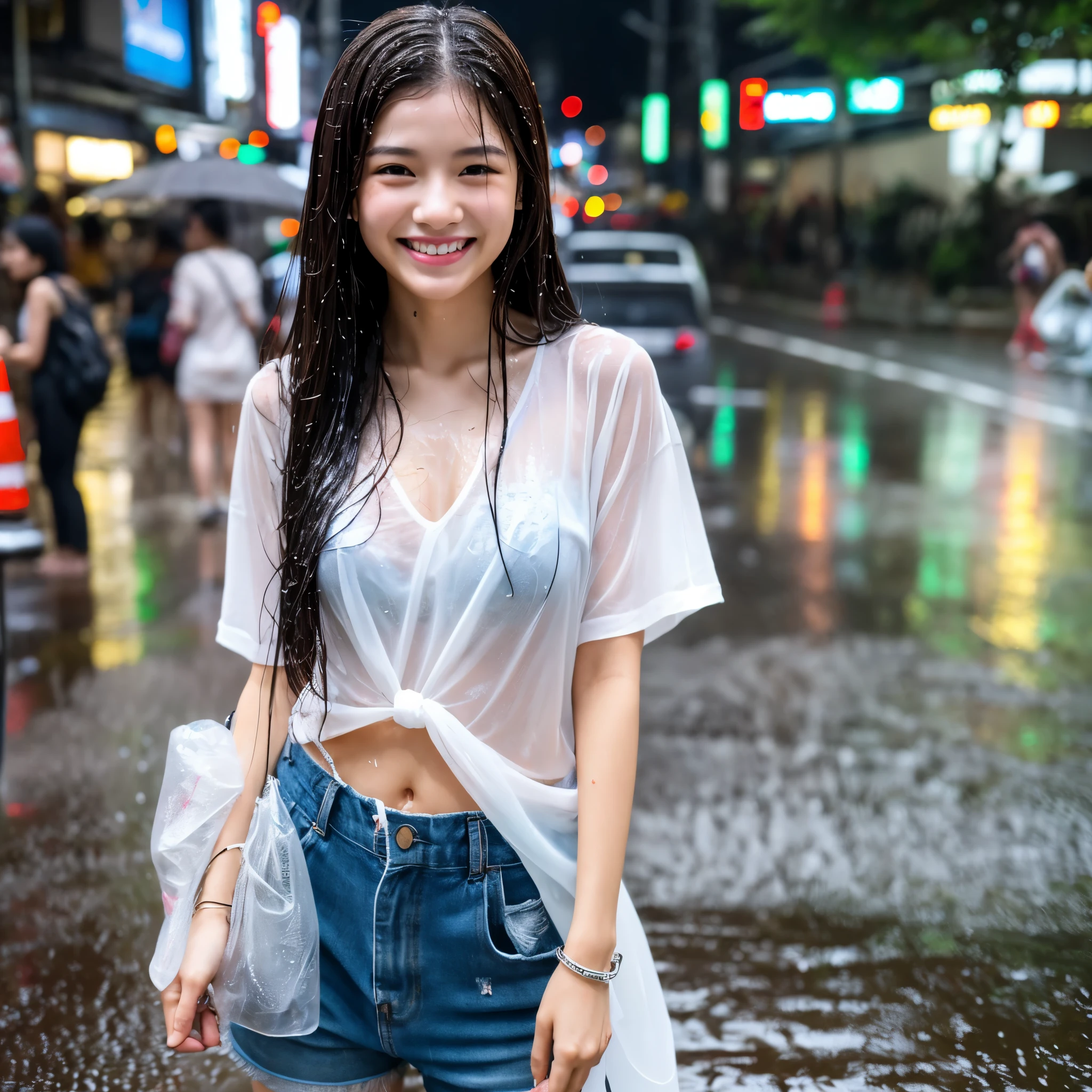 Araffe woman in a white shirt and blue shorts standing in the rain - SeaArt  AI