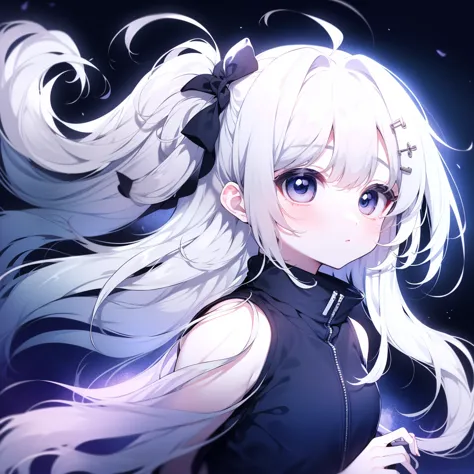 White Hair，Girl，KHD，4K，Expressionless face，Anime Style，profile，Night sky background，Spring Casual Fashion, ((Three white eyes)),