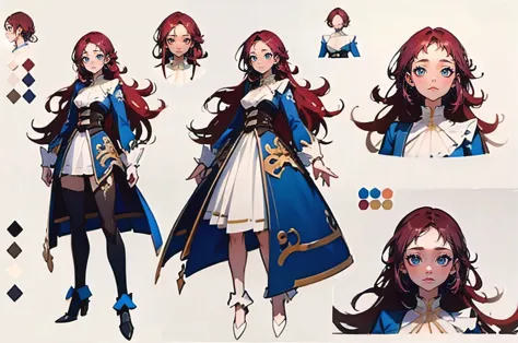 (Masterpiece, highest quality)), adult woman, detailed face, character sheet, concept-art, Full body, full of details, multiple poses and expressions, highly detailed, depth, many parts, 1girl, super long red hair, beautiful blue eyes