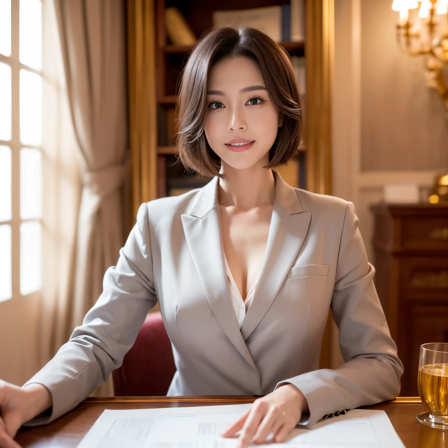 ((highest quality、Tabletop、8K、Best image quality))、((One mature woman、She holds the most luxurious CEO position&#39;office、Standing Elegantly、Secretary with elegant posture))、(photograph 1 枚:1.5)、(woman&#39;photograph&#39;Upper Body:1.5)、(Woman Cowboy Shot:1.5)、Hair Bun、(Grey suit、White Formal Blouse)、(The most luxurious and luxurious royal VIP room、bright lighting of chandelier、The most luxurious and luxurious desk、The most luxurious and luxurious glass showcase、the most luxurious and luxurious chair、the most luxurious and luxurious carpet、The most luxurious and luxurious bookshelf、the most luxurious and luxurious curtains)、Perfect Anatomy、Beautiful Teeth、sad smile、Detailed face、(D cup breasts）、（Standard body type）、（Short black hair:1.4）