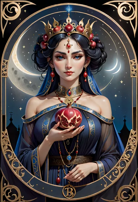 The High Priestess sits in front of a thin veil decorated with pomegranates. On either side of The High Priestess stand two pill...