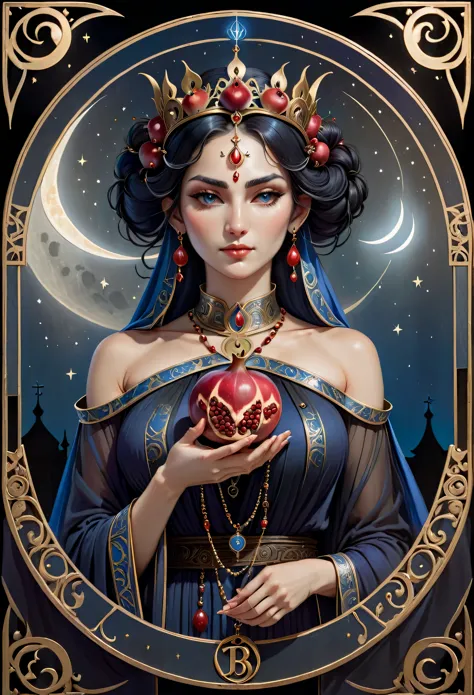 the high priestess sits in front of a thin veil decorated with pomegranates. on either side of the high priestess stand two pill...