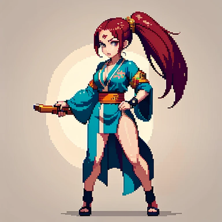 (masterpiece, top quality, best quality), pixel, pixel art, 1women, kimono,punch power,full body