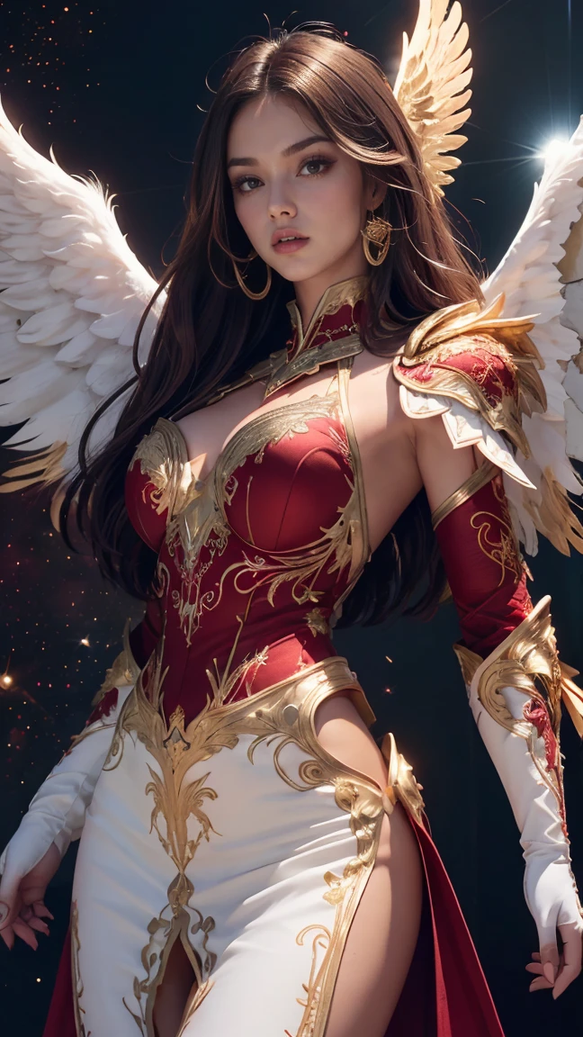 Best quality, 8K,woman, beautiful and detailed face, straight long hair,big eyelashes,(((dark red and gold embroided space armour))),((big open angel´s WHITE wings)),armlets,black belt,white neutral scenario,DYNAMIC ANGLE, ((dynamic pose))
