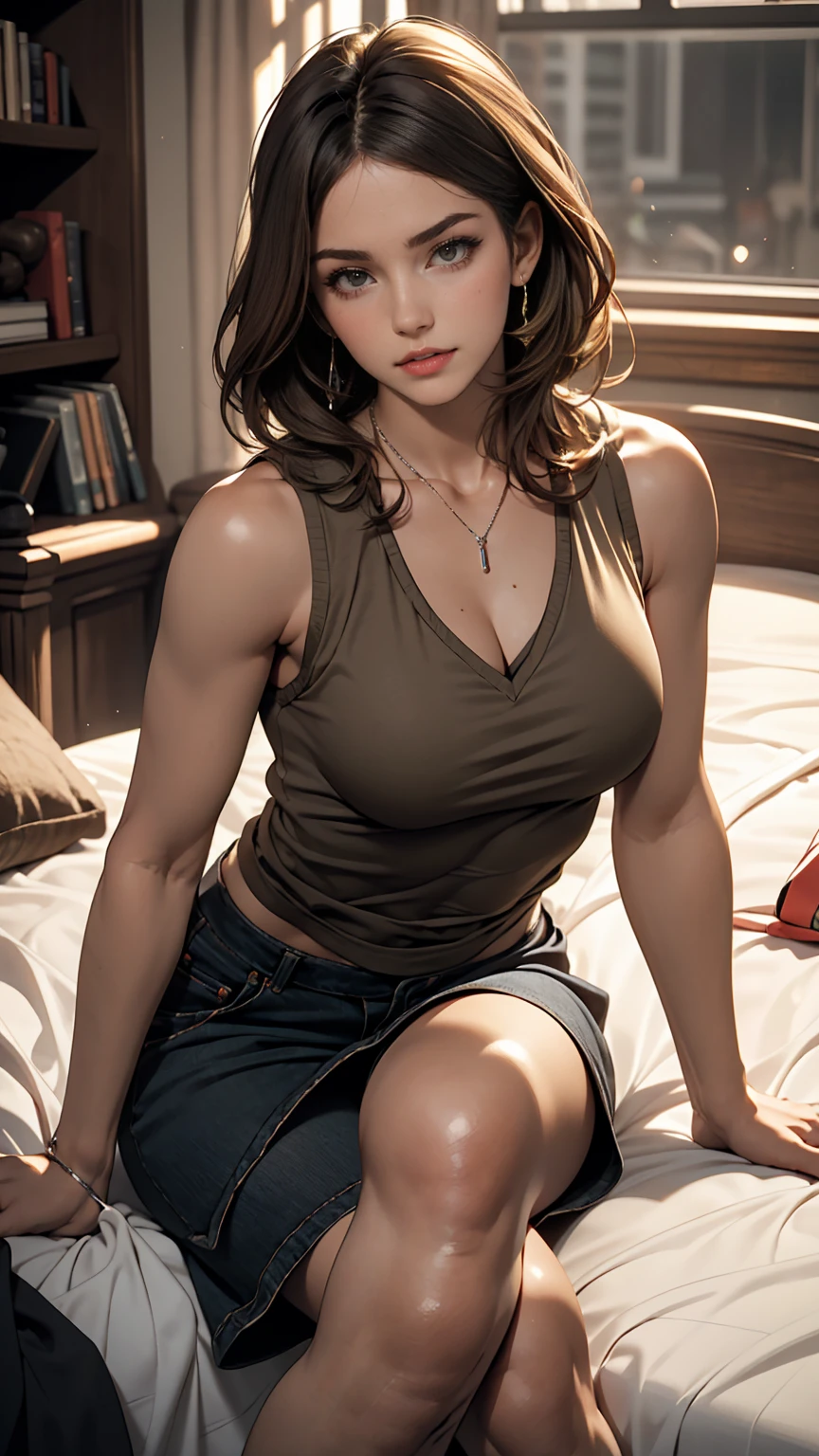 beauty, hidden face, 1 girl, beauty: 1.3, Slim Abs: 1.1, Camisole vest, Long brunette hair, (Sitting on the bed), Highly detailed face, Highly detailed lips, Fine grain, double eyelid