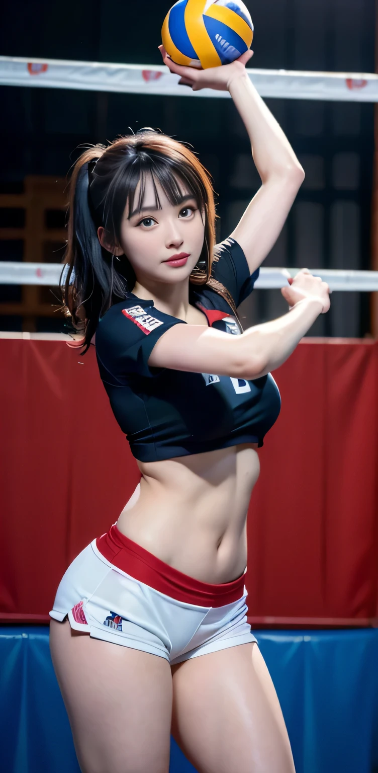 (masterpiece:1.3), (8k, Photorealistic, Raw photo, Best image quality: 1.4), Japanese, One Girl, ((Beautiful girl:1.6)), Beautiful and toned body, Pichi Pichi Volleyball Uniform、Players playing a volleyball match、Accurate anatomy、correct hand orientation、Alluring、sexy、Eros、Beautiful Face、Detailed face、Perfect proportions、Big Tits、Narrow waist、navel、Crotch gap、Thighs、Random Pause、Change the pose、Dynamic Angle、volleyball venue、((Do not draw the ball))、Four fingers and a thumb