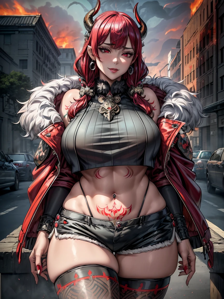 (masterpiece, best quality), intricate complex details, very detailed, high quality, highly detailed, (((1girl, solo))), make up, blushing, ((beautiful eyes, perfect face)), looking at viewer, ((huge breasts, wide hips, mature female, milf, skindentation)), (((demon horns, demon wings, demon tails))), ((sharp eyelashes, beautiful red eyes)), ((red hair, long hair, bangs)), ((tattoo, earrings, hair ornaments, hair accessories)), ((black crop top, fur jacket, shorts, thigh highs)), alluring smile, ((erotic pose, standing)), ((close-up)), (((outdoors, hell, hellscape, fire)))