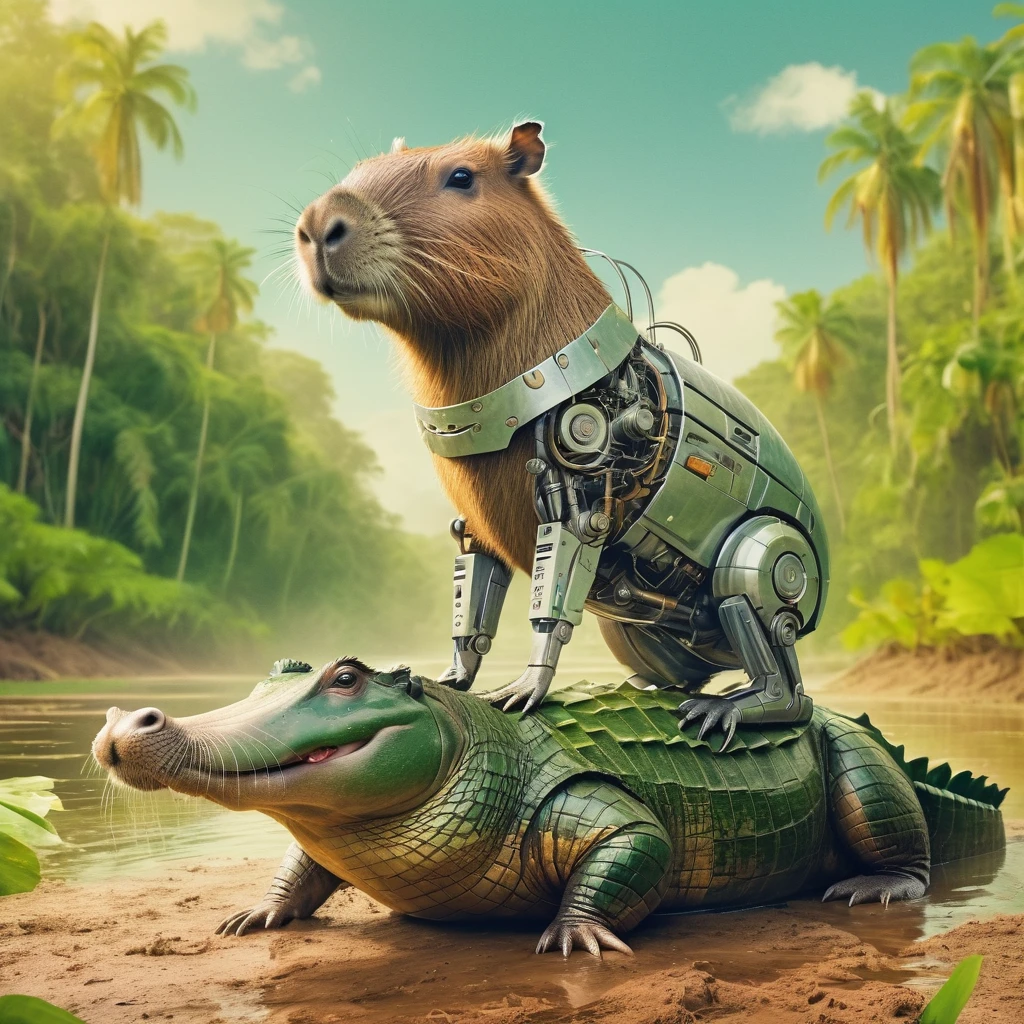 A futuristic, whimsical illustration a mechanical capybara standing on the back of an alligator, set in a natural environment possibly a muddy river bank surrounded by lush green vegetation. The capybara appears calm and confident, contrasting sharply with the alligator's more menacing look. Both animals are depicted in a realistic style, with detailed textures on the mechanical capybara's fur-like metal plates and the alligator's scaly skin. The background features a vibrant tropical setting, enhancing the surreal yet peaceful coexistence of these two creatures.