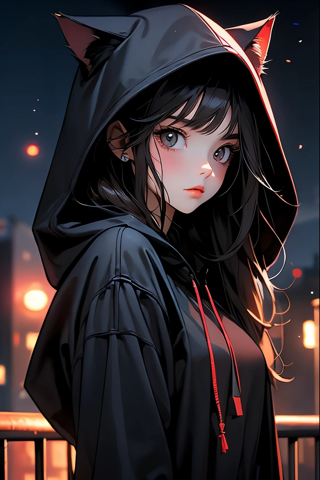 Dark style, nice perfect face with soft skin, really young beautiful girl kid, cool style, long dark hair, red cat hood, cat pet, cats, night