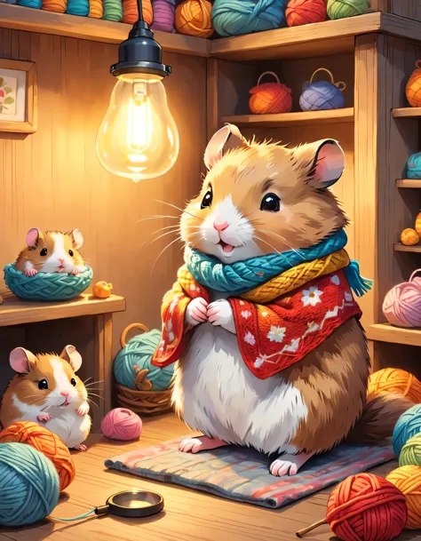 cuteAn illustration,hamster house,hamster family:animal:cute:Knitting Time:looks happy,An illustration,pop,colorful,color,hamste...