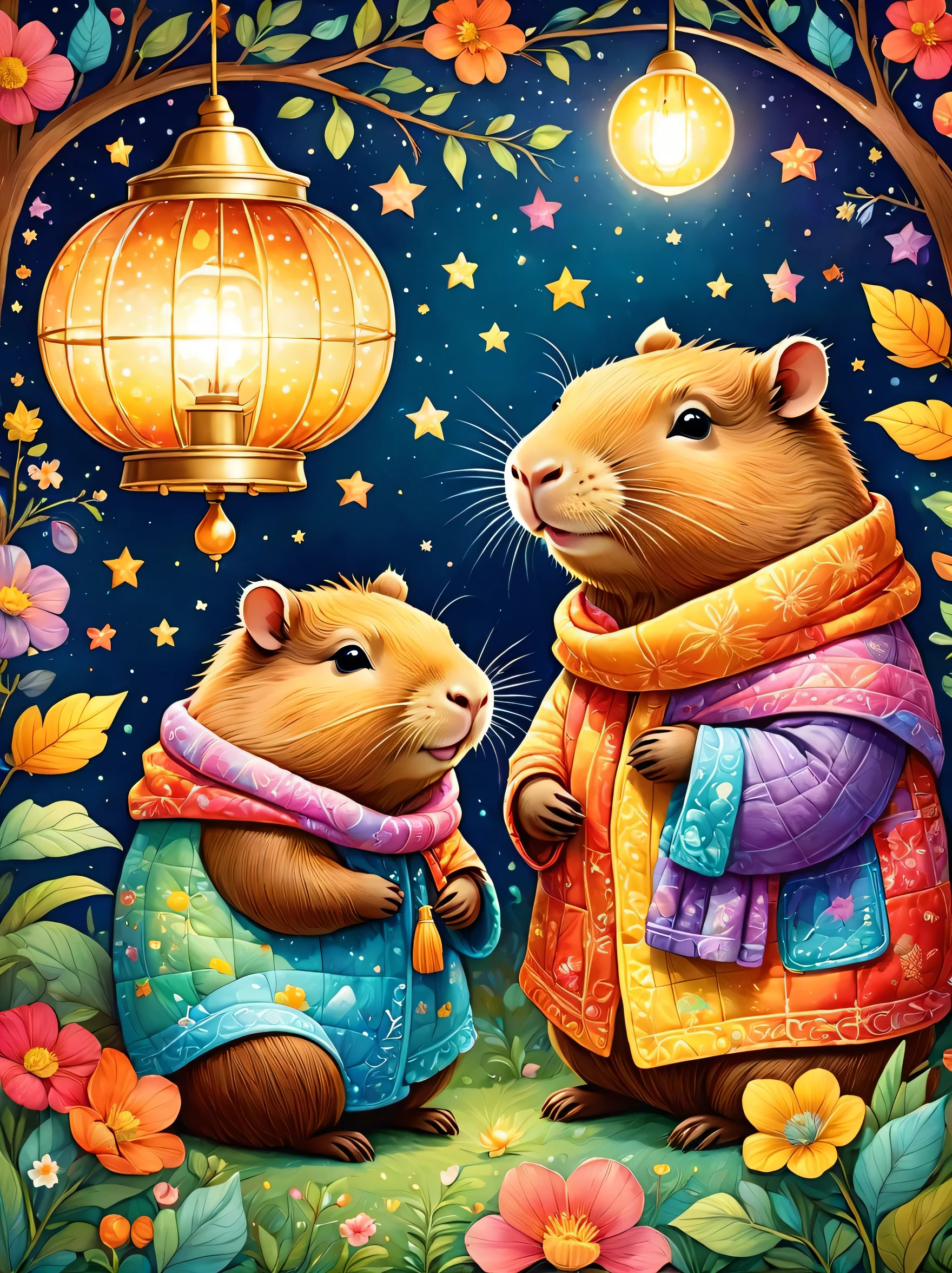 cuteAn illustrationカピバラの家,Capybara family:animal:hibernating:cute:Nestle:sleep:comfortable and warm:looks happy,An illustration,pop,colorful,draw with thick lines,color,dim,Lamp light,The hibernating Capybara family is asleep.:dream happy dreams,The house is warm and full of happiness,,colorful,Fancy,Fantasy,patchwork:quilt,detailed details,fluffy,Randolph Caldecott Style,Rich colors,Cast colorful spells,concentrated,The best configuration,Perfect composition,accent,An illustration that children will enjoy,For kids,feel warm,wonderful like a dream,Happy and fun looking capybaras,Little,Cast colorful spells,Sparkling,Anatomically correct,scarf,pajamas