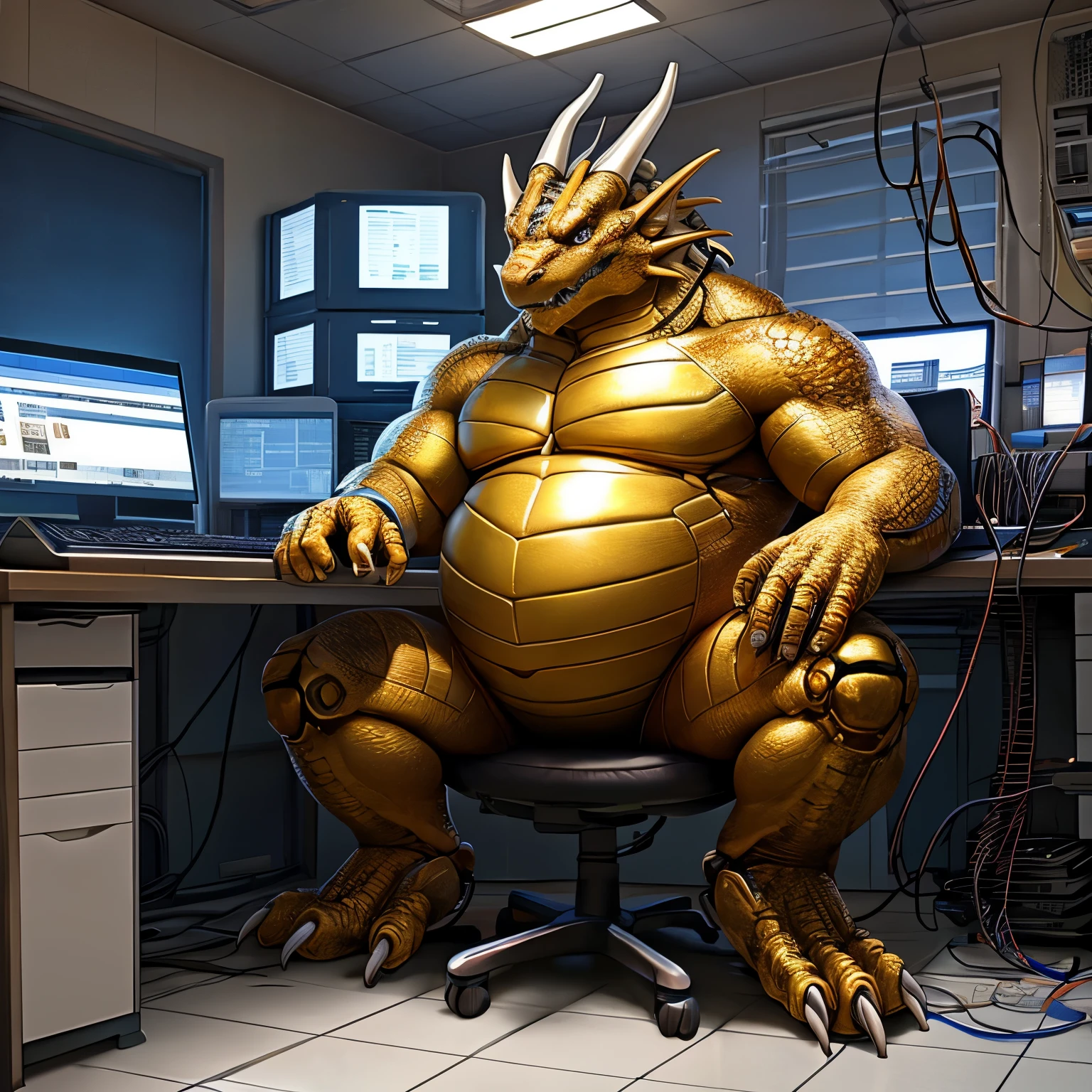 Humanoid golden mechanical dragon，Sit next to the computer and connect the chest to the computer with a wire，Standing on the tiled floor of the apartment。high-definition image，Rich and realistic in detail，high qulity。Extremely detailed CG，overweight