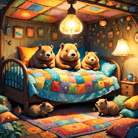 cuteAn illustrationカピバラの家,Capybara family:animal:hibernating:cute:Nestle:sleep:comfortable and warm:looks happy,An illustration,...