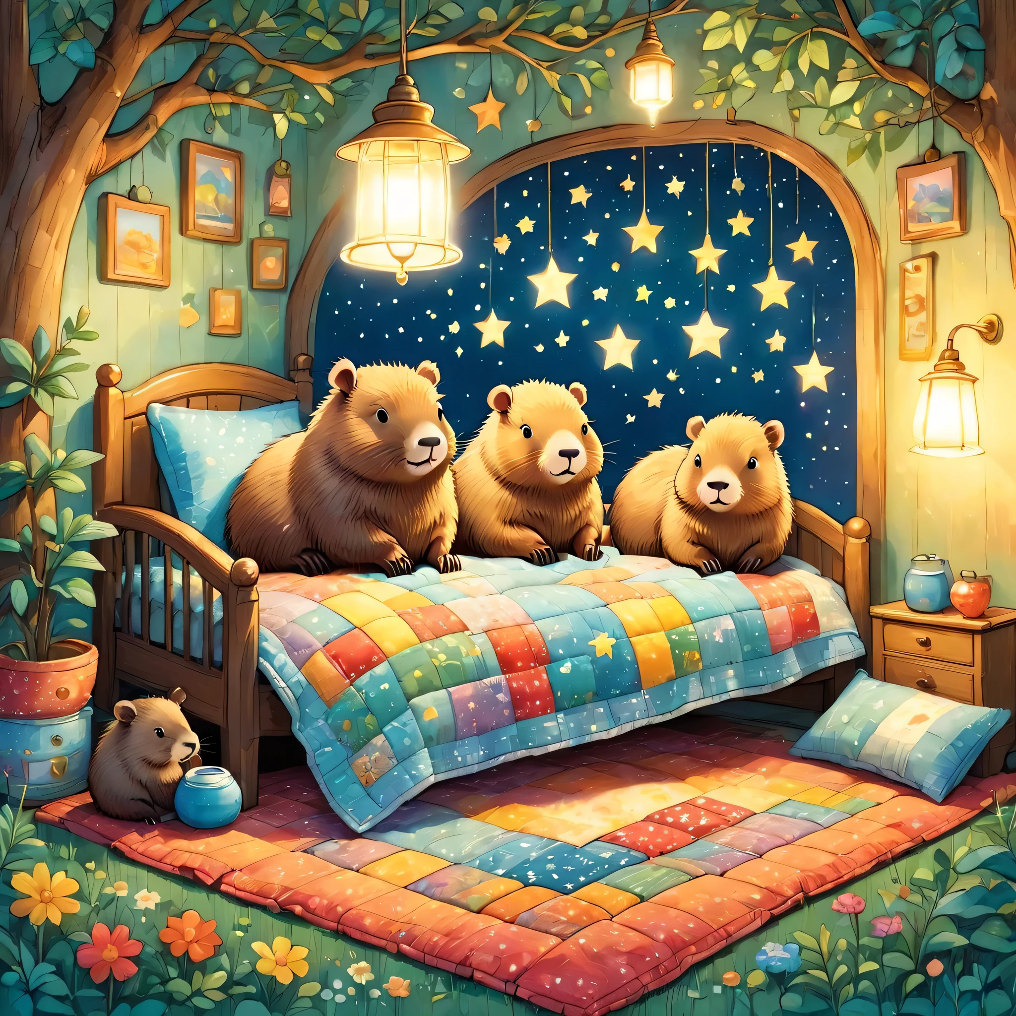 cuteAn illustrationカピバラの家,Capybara family:animal:hibernating:cute:Nestle:sleep:comfortable and warm:looks happy,An illustration,pop,colorful,draw with thick lines,color,dim,Lamp light,The hibernating Capybara family is asleep.:dream happy dreams,The house is warm and full of happiness,,colorful,Fancy,Fantasy,patchwork:quilt,detailed details,fluffy,Randolph Caldecott Style,Rich colors,Cast colorful spells,concentrated,The best configuration,Perfect composition,accent,An illustration that children will enjoy,For kids,feel warm,wonderful like a dream,Happy and fun looking capybaras,Little,Cast colorful spells,Sparkling,Anatomically correct