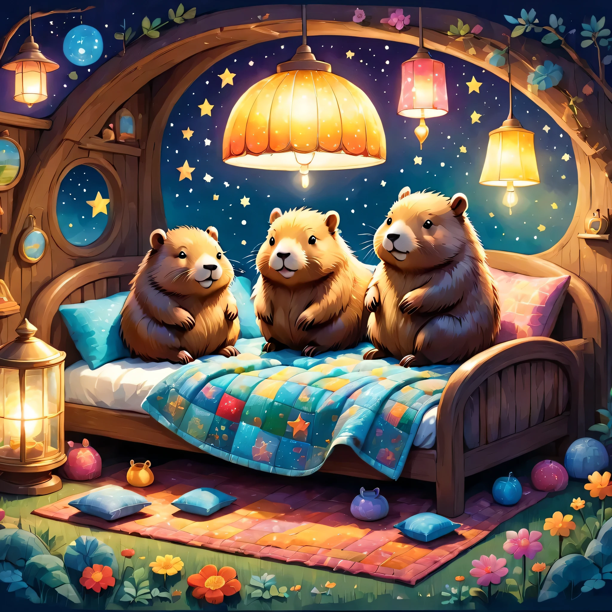 cuteAn illustrationカピバラの家,Capybara family:animal:hibernating:cute:Nestle:sleep:comfortable and warm:looks happy,An illustration,pop,colorfulに,draw with thick lines,color,dim,Lamp light,hibernatingのCapybara familyが眠っています:dream happy dreams,The house is warm and full of happiness,,colorful,Fancy,Fantasy,patchwork:quilt,detailed details,fluffy,Randolph Caldecott Style,豊富なcolor,Cast colorful spells,concentrated,The best configuration,Perfect composition,accent,子供が喜ぶAn illustration,For kids,feel warm,wonderful like a dream,Happy and fun looking capybaras,Little,Cast colorful spells,Sparkling,Anatomically correct,scarf,pajamas