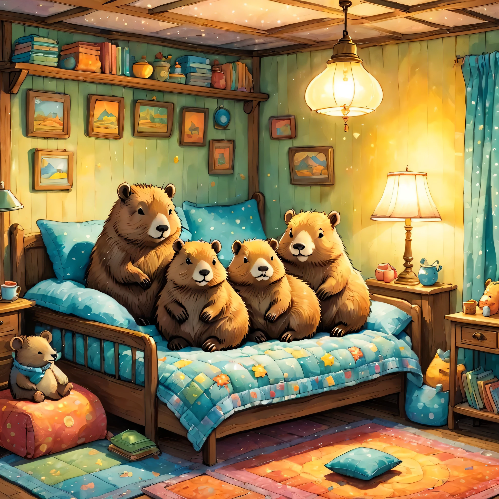 cuteAn illustrationカピバラの家,Capybara family:animal:hibernating:cute:Nestle:sleep:comfortable and warm:looks happy,An illustration,pop,colorfulに,draw with thick lines,color,dim,Lamp light,hibernatingのCapybara familyが眠っています:dream happy dreams,The house is warm and full of happiness,,colorful,Fancy,Fantasy,patchwork:quilt,detailed details,fluffy,Randolph Caldecott Style,豊富なcolor,Cast colorful spells,concentrated,The best configuration,Perfect composition,accent,子供が喜ぶAn illustration,For kids,feel warm,wonderful like a dream,Happy and fun looking capybaras,Little,Cast colorful spells,Sparkling,Anatomically correct,scarf,pajamas