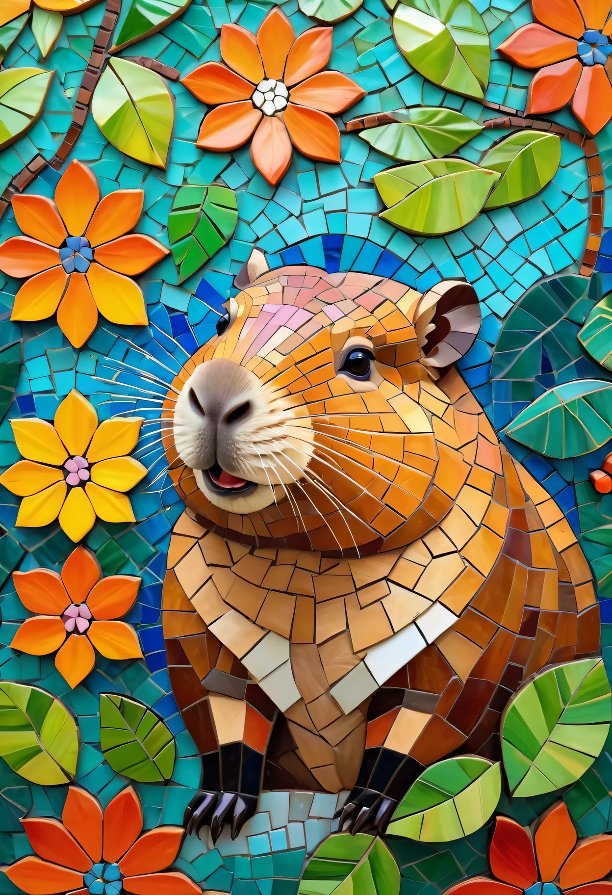 mosaic style:capybara,playful,whimsical, vibrant colors,texture, intricately designed, mosaic patterns, lively atmosphere, soft lighting, peaceful backdrop, lush greenery, harmonious composition, multi-faceted, furry texture, detailed fur, expressive eyes, adorable expression, relaxed and content, mosaic artwork, cheerful vibe, mosaic tiles, charming scene, joyful ambiance