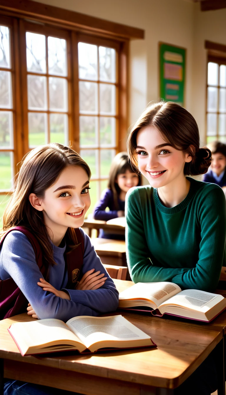 INT. school day
The gentle scent of spring and the hum of conversations fill the air of a classroom. Sunlight streams in through the large windows, casting a warm glow on the wooden tables and plush armchairs that dot the room. Students talk calmly, absorbed in their own thoughts or participating in lively discussions. At a corner table near the window, two friends, ANNA and BEN, are sitting opposite each other, with books propped on the table between them. Anna, with her bright eyes and infectious smile, radiates an aura of positivity, while Ben, with his thoughtful demeanor and kind eyes, exudes a sense of calm.