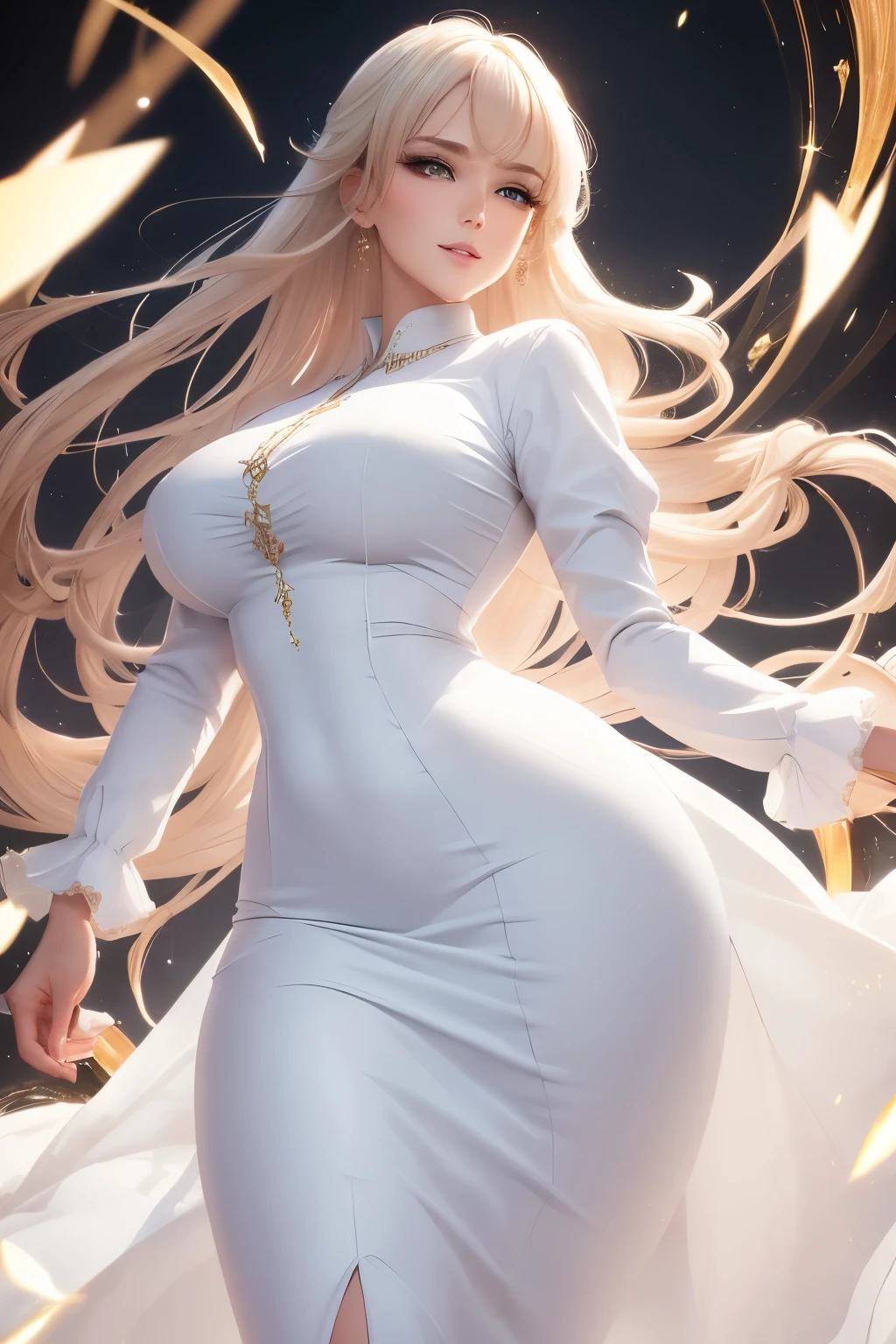 best quality, super fine, 16k, incredibly absurdres, extremely detailed, delicate, flashy and dynamic depiction, beautiful white woman, excited look, superlative body proportion, wearing white long-sleeved and long skirt work clothes, portrait, background simple color