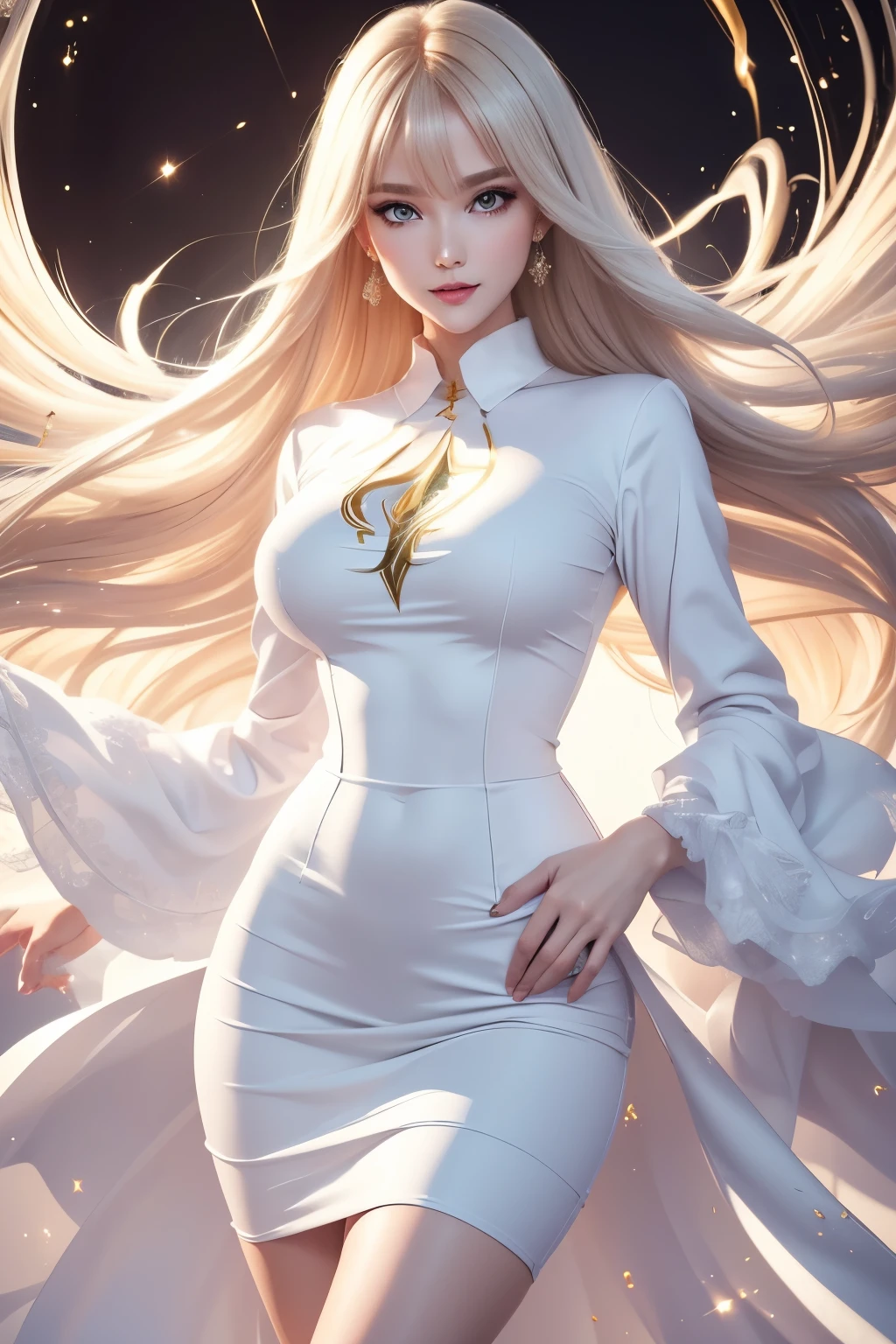 best quality, super fine, 16k, incredibly absurdres, extremely detailed, delicate, flashy and dynamic depiction, beautiful white woman, excited look, superlative body proportion, wearing white long-sleeved and long skirt work clothes, portrait, background simple color