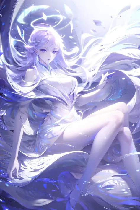 beautiful angel in white dress, art station chengwei, halo, white feather