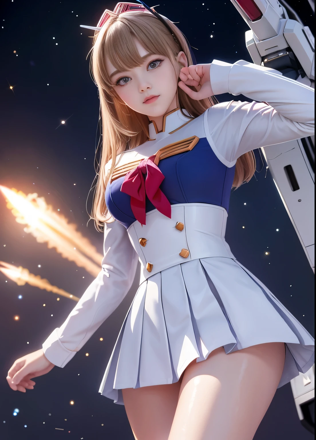 (highest quality)、(masterpiece)、detailed、realism、Mobile Suit Gundam F91 Personification、Great highlights on the upper body, Powerful Mech, 
Beam rifle,  girl, 21 years old, Baby Face, Beautiful Eyes, Modest nose, Moisturized lips、smile, Absolute area, Wet slightly thick thighs, 
Short skirt, Very affectionate love relationship、Spread your legs, whole body, universe, Enemy battle scene,Be enchanted by amazing beauty、