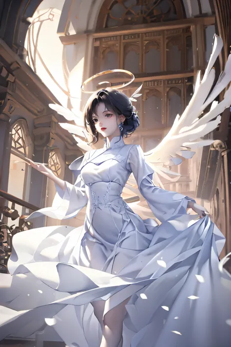 beautiful angel in white dress, art station chengwei, halo, white feather