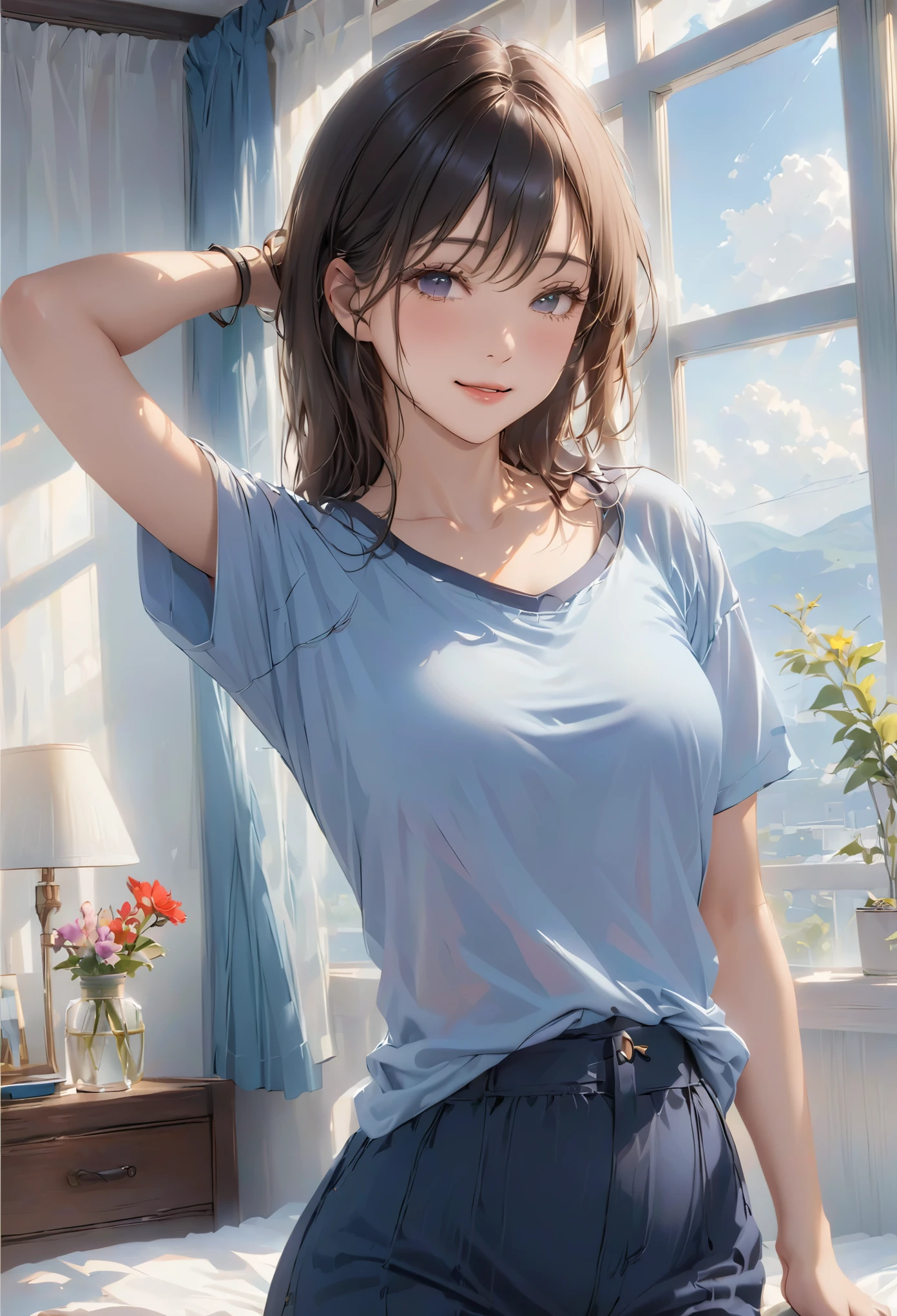 (Higher resolution, Clearly_image) best quality, A woman, masterpiece, Very detailed, Semi-realistic, 21 years old, fair, young, Handsome, t-shirt, Lilac shirt, Collar around the neck, Internal, modern room, window, wake up, morning, blush, Smile