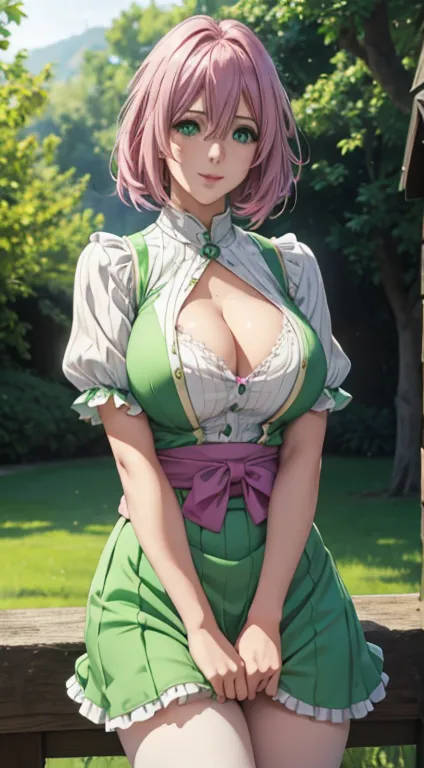 cute girl, big sized breasts, cleavages , green colour clothes, white apron, green eyes and pink hair, short skirt, ultra realis...