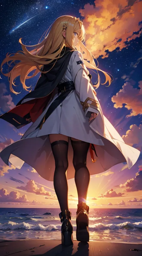 １people々々々々々々々々々々々,blonde long-haired woman，long coat， dress silhouette， rear view，space sky, , anime style, sunset，the boundary...