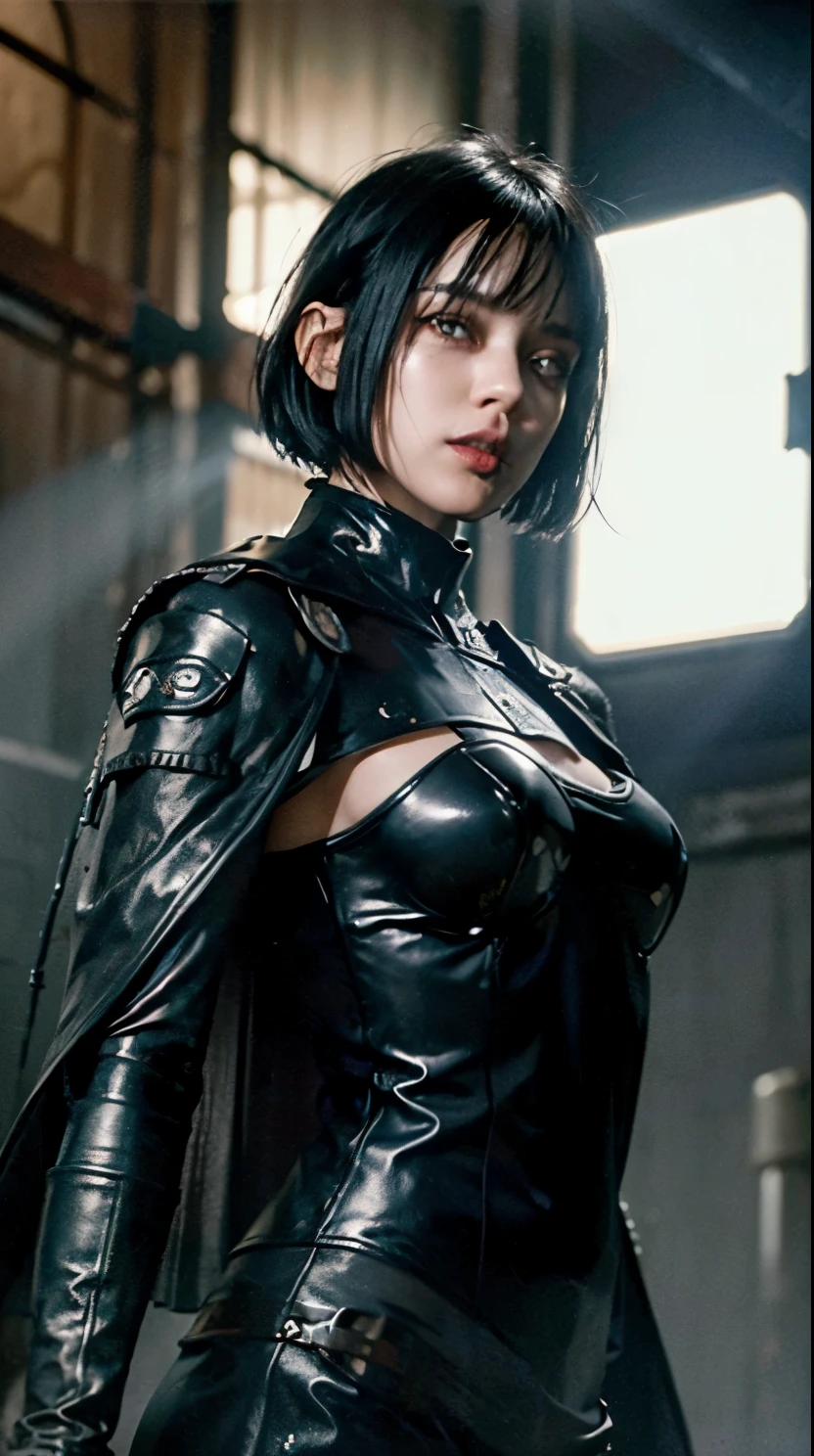 15 years old oriental girl, short bob cut black hair, bang, evil grin, pale skin, sith lord from star wars, wearing dark armor, black cape, modelling pose, cowboy shot, Ultra high res, uhd, (photorealistic:1.4), lighting from below