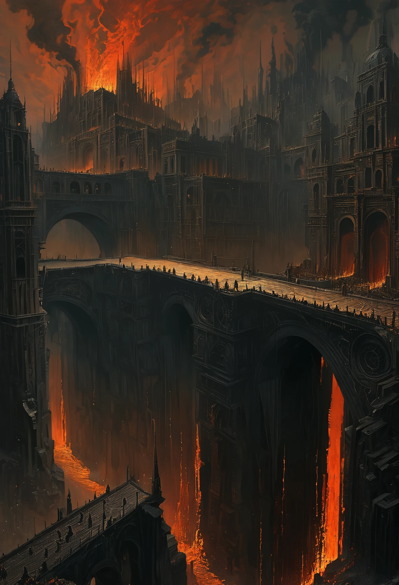 Paisagem do inferno com edifícios altos e uma ponte em primeiro plano, renderizado no estilo requintado e magistral de Gustave Dore. A cena é da mais alta qualidade, com elementos ultradetalhados e acabamento fotorrealista. A atmosfera infernal é capturada com cores vivas e intensas, retratando um ambiente de fogo e ameaçador. A iluminação é dramática, com sombras e chamas tremeluzentes adicionando profundidade e contraste à cena. A ponte serve como ponto focal, levando à cidade infernal à distância. Os edifícios são intrinsecamente projetados, mostrando a grandeza e a arquitetura do submundo. A composição geral exala uma sensação de escuridão e desespero, evocando as imagens poderosas e assustadoras das ilustrações icônicas de Dore.