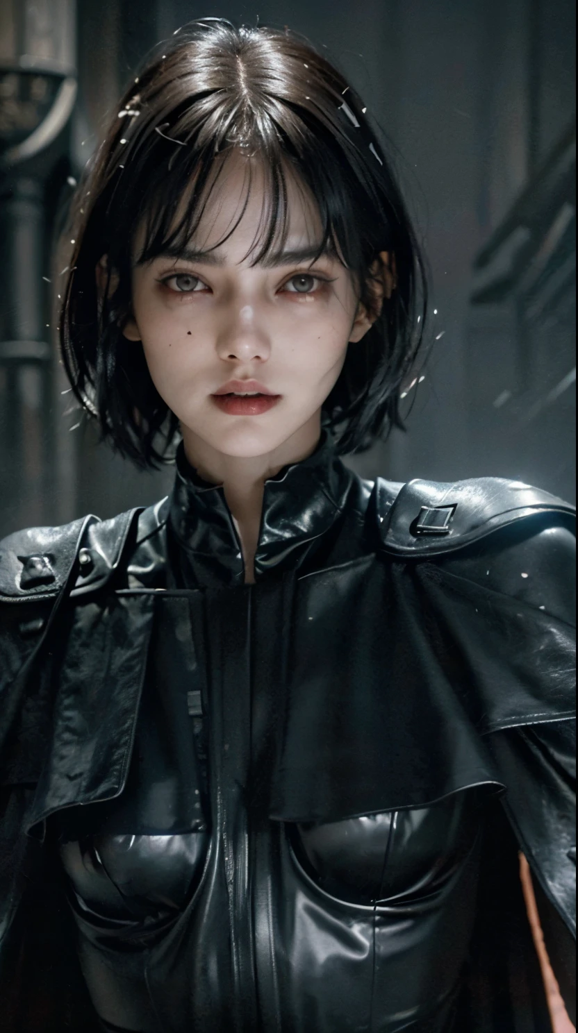 15 years old oriental girl, short bob cut black hair, bang, evil grin, pale skin, sith lord from star wars, wearing dark armor, black cape, modelling pose, cowboy shot, Ultra high res, uhd, (photorealistic:1.4), lighting from below, lightsaber