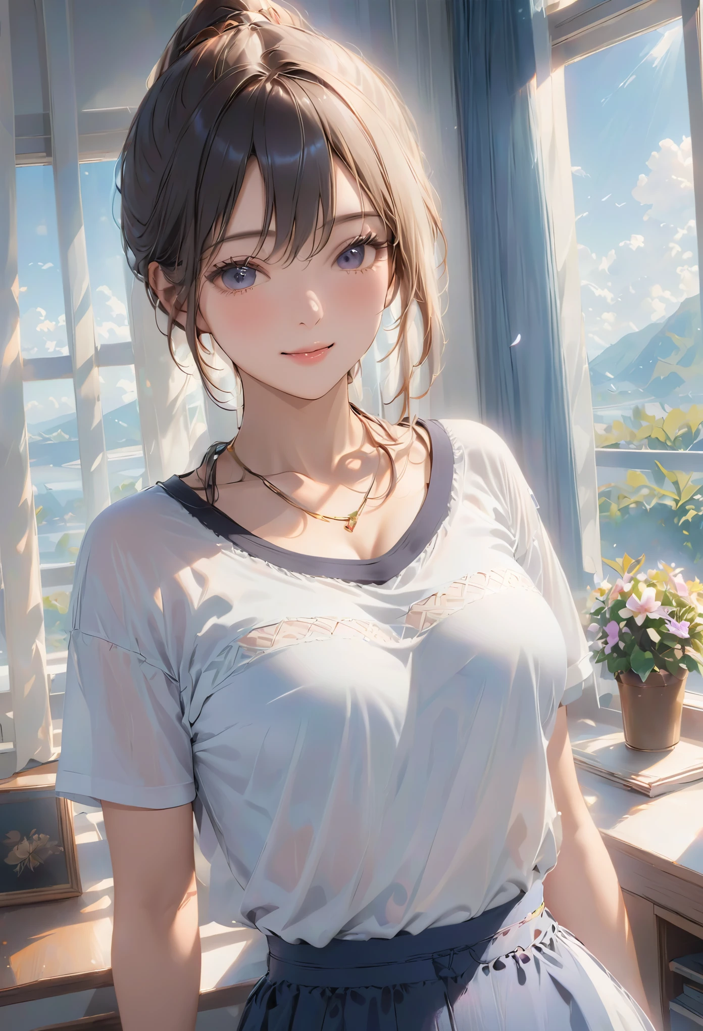 (Higher resolution, Clearly_image) best quality, A woman, masterpiece, Very detailed, Semi-realistic, 21 years old, fair, young, Handsome, t-shirt, Lilac shirt, Collar around the neck, Internal, modern room, window, wake up, morning, blush, Smile