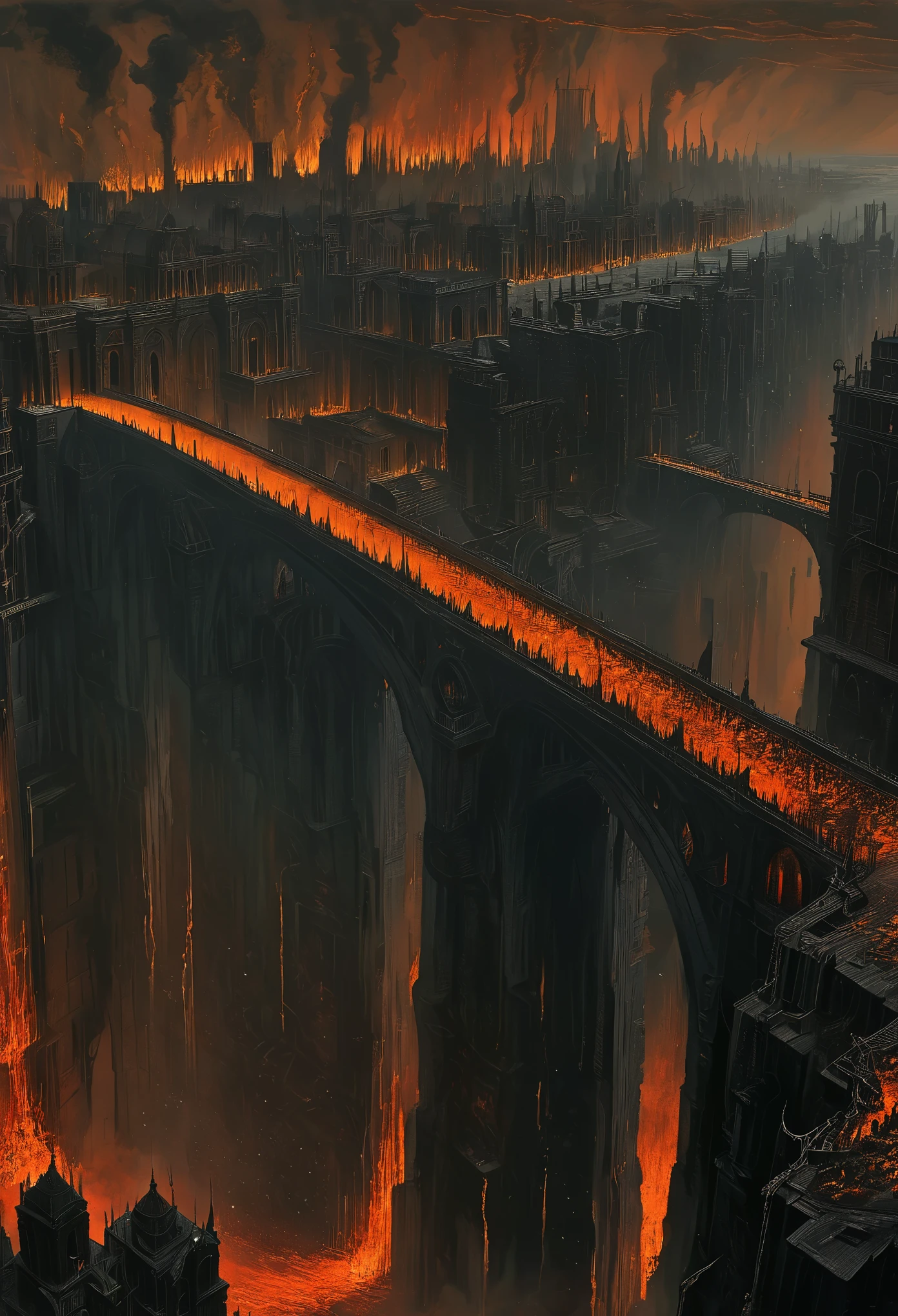 地獄景觀，高聳的高層建築和前景中的一座橋樑, 以古斯塔夫·多爾 (Gustave Dore) 精緻而精湛的風格呈現. 場景品質最高, 具有超詳細的元素和逼真的效果. 用鮮豔而強烈的色彩捕捉地獄般的氣氛, 描繪火熱而險惡的環境. 燈光很有戲劇性, 陰影和閃爍的火焰增加了場景的深度和對比度. 這座橋成為焦點, 通往遠處的地獄城. 建築物的設計十分複雜, 展示地下世界的宏偉和建築. 整體構圖散發出一種黑暗和絕望的感覺, 喚起多爾標誌性插圖中強大而令人難忘的意象.