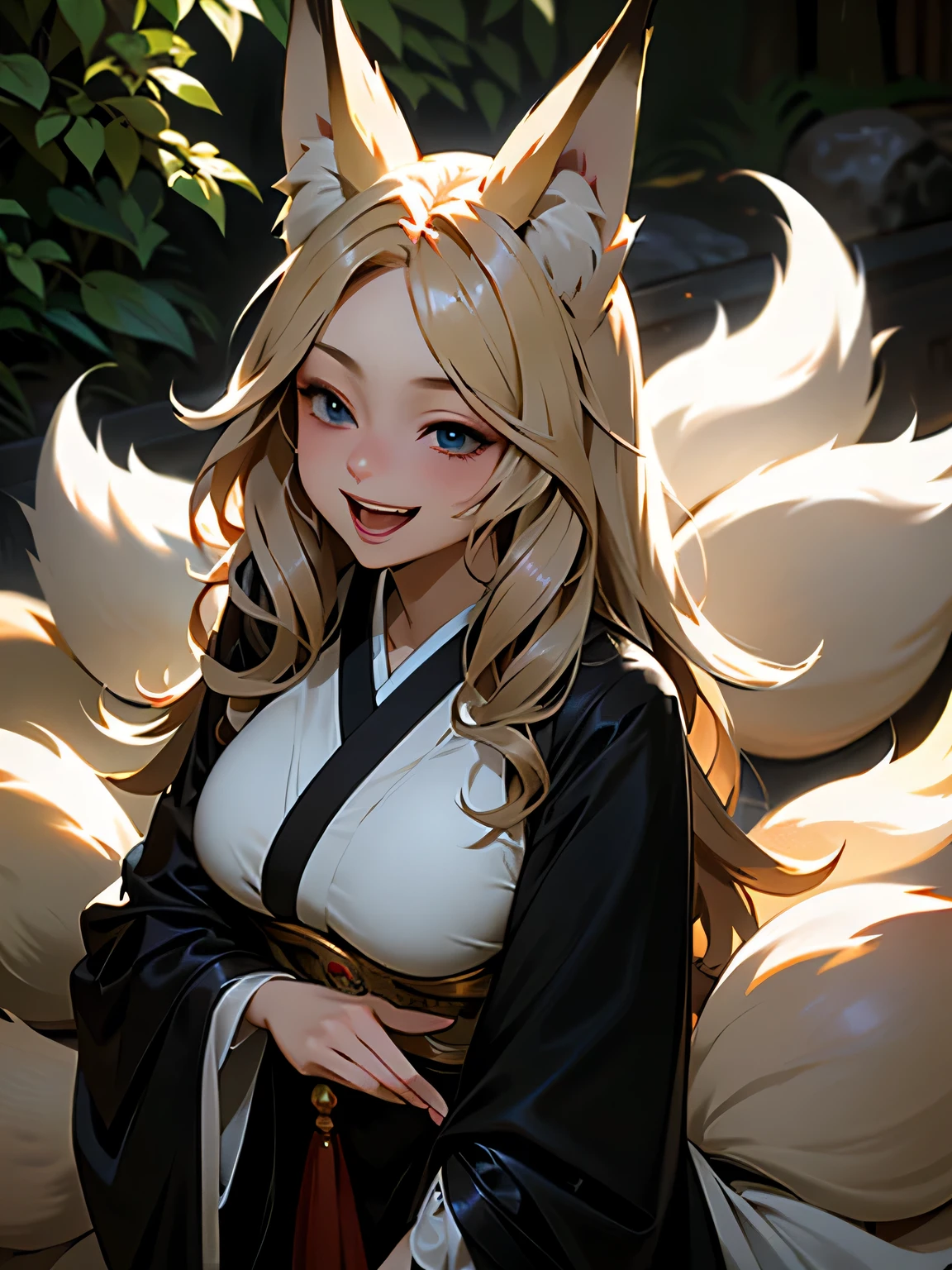 masterpiece, best quality, 1 woman, solo, large breasts,blonde hair,long hair, wave hair,Fox ear,Fox tail,blue eyes,Shinto shrine,in the forest,backlighting,laugh with open mouth,POV