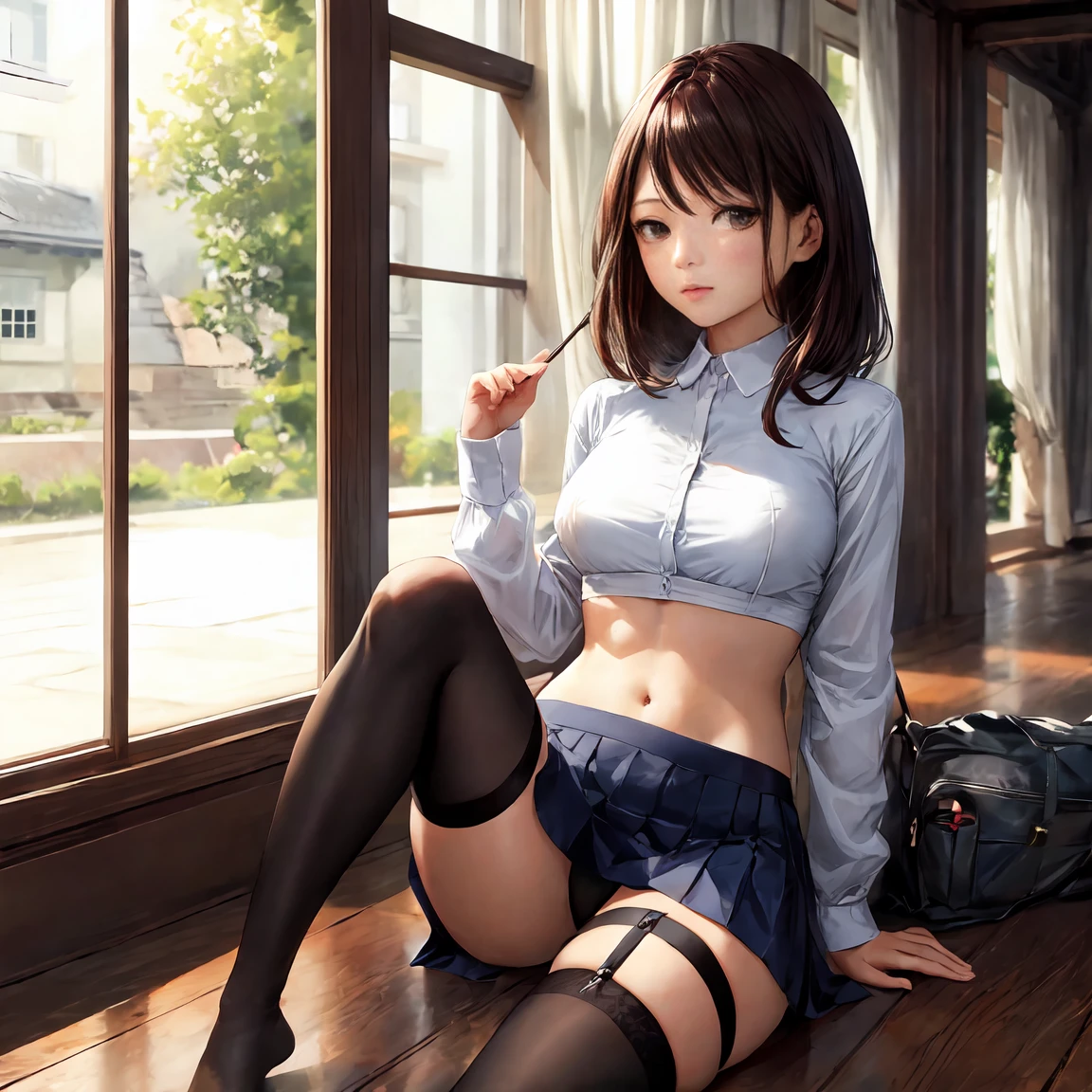 Best quality, detailing, ультраdetailing, Improvement, Attention to detail, lip detailing, detailing трусиков, uraraka ochaco,18 years, 1 girl in the picture, slim, a white blouse, nipples stick out, skirt, thong, stockings with garters, dynamic sexual pose, nfsw