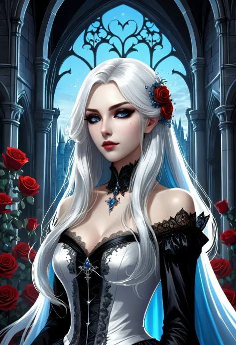 anime vampire princess, long white hair, gothic style, roses in hair, dark black eyelashes, white glow irises, light blue dress,...