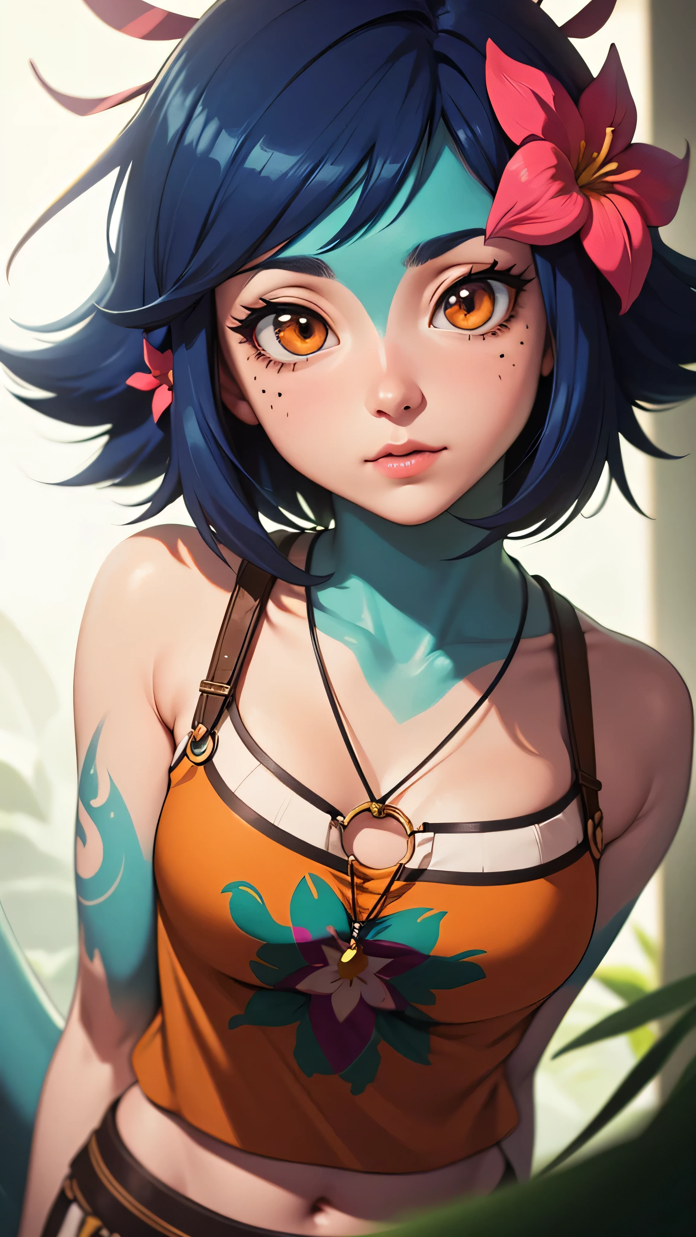 masterpiece,(best quality,top quality,8k),ultra detailed,illustration,painting,detailed eyes and face,(anime style),(1girl),neeko,facial marks, hair ornaments, hair flower, necklace,(brown short,crop top:1.2), lizard tail,(short hair:1.1), pretty girl, beauty skin, ultra high res, raw photo , detailed body , (looking at viewer ),(puffy eyes) ,good contrast , high sharpness,(gorgeous),realistic,RAW Photography,(hyperdetailed:1.2)