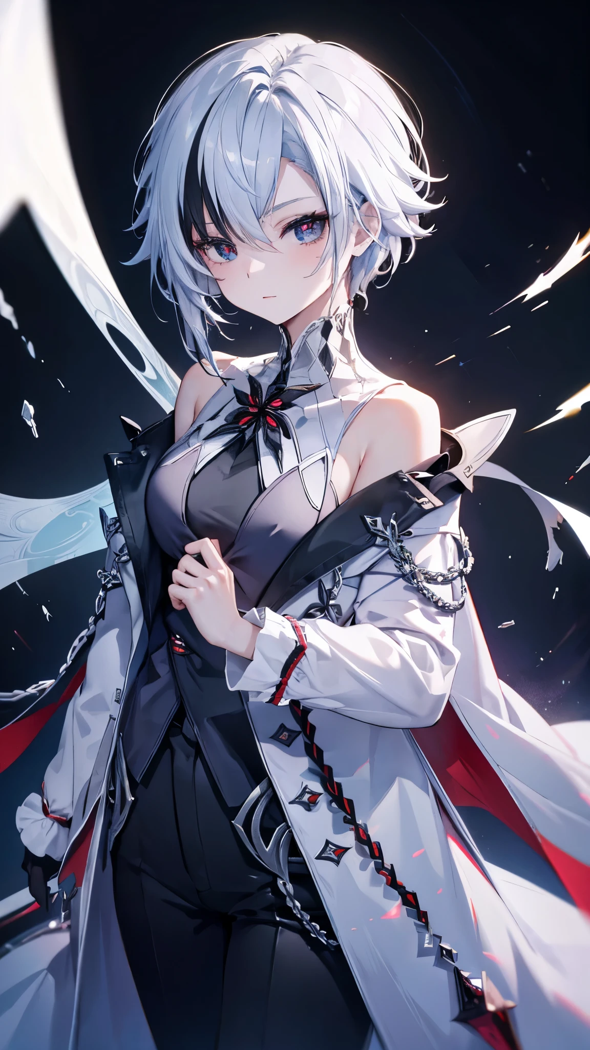 (masterpiece, top quality, best quality, official art, beautiful and aesthetic:1.2),(8k, best quality, masterpiece:1.2), (((masterpiece))),(((best quality))),(((extremely detailed))),illustration,who, (masterpiece, top quality, best quality, official art, beautiful and aesthetic:1.2),(8k, best quality, masterpiece:1.2), 1girl, arlecchino \(genshin impact\), (x-shaped eyes, symbol shaped eyes, cross eyes), solo, arlecchino_\(genshin_impact\), 1girl, upper_body, commentary, long_sleeves, black_pants, bare_shoulders, x-shaped_pupils, standing, white_coat