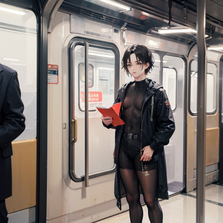 1 person，A 20-year-old man in the subway，Standing in a subway car，Ultra-flat head， leg apart，Slender figure，Handsome，Looking at the phone， white short socks，White sneakers， exhilarated，Be red in the face，full bodyesbian，Exposing thighs，Expose calves，Thick leg hair，In crowded subway cars，gentlesoftlighting , masterpiece，best qualtiy，8K  UHD，digital SLR camera，filmgrain，Fujifilm XT3 Realistic painting art，Written by Midjourney and Greg Rutkowski , handsome , 16k resolution , ultra-high clarity , hyperrealism, uhd , looking at viewer , ultra hd picture , ultra high resolution , 8k smooth , ultra-high definition , perfect model face , nsfw , see through fishnet bodysuit