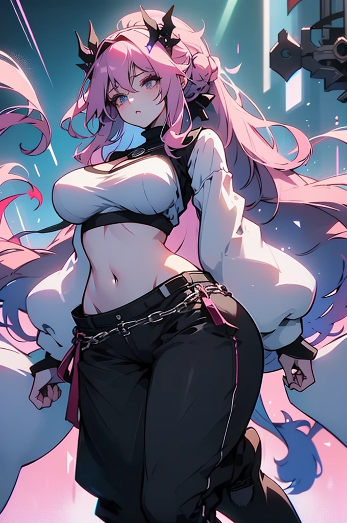 (simple white background), (a girl from Standing Pose), large pelvis, big breasts, narrow waist, healthy thighs, height 170cm, navel, cleavage, midriff, long hair, long sleeves, standing, ponytail, pink hair,headband, (Black:1.0) pants, (Black:1.0) shirt (white:1.0), (White:1.0) footwear, sneakers