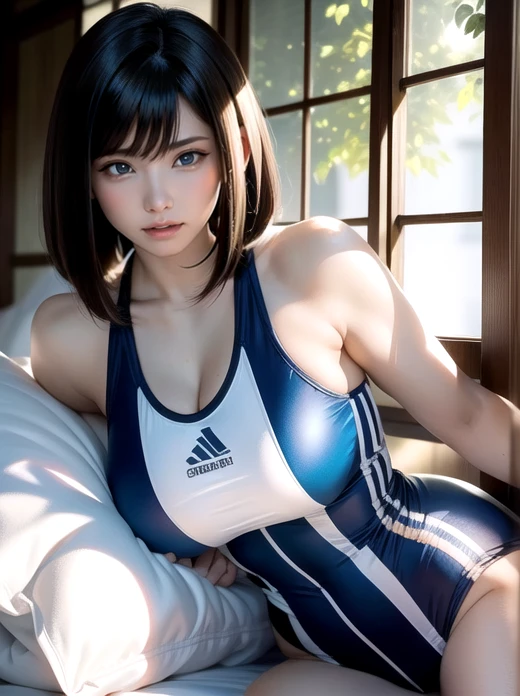 Japanese Girls,(非常にdetailedな肌),curvy,,Beautiful big breasts,(Big Breasts),Pale skin,Pointed Chest,Erect nipples,(Fantasy art,Best image quality,Hyperrealist portrait,(8k),Ultra-realistic,最high quality, high quality, High resolution, high quality texture,Attention to detail,Beautiful details,detailed,Extremely detailed CG,detailed Texture,Realistic facial expressions,masterpiece,in front,dynamic,bold),Adult beauty short hair,A rounded bob hairstyle that follows the lines of the face、(Very soft hair),(Super Straight Hair:1.5), sleek bangs,Very light coppery amber hair,Hair on one eye、Wearing a beach volleyball uniform、Her clothes fit her body perfectly......、The lines of the body look beautiful、At the Beach、Sleeping on your stomach、whole bodyを描く、whole body