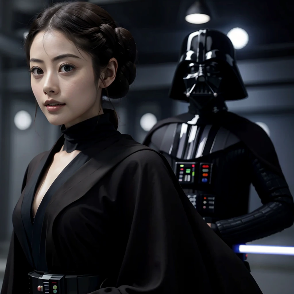 Star Wars、((highest quality)), ((masterpiece)), (detailed), Perfect Face、((１People only、female、Satomi Ishihara、Perfect proportions、Princess Leia&#39;s Hairstyle、Vader look))、Darth Vader&#39;s Armor、Black Cape、black darth vader costume、