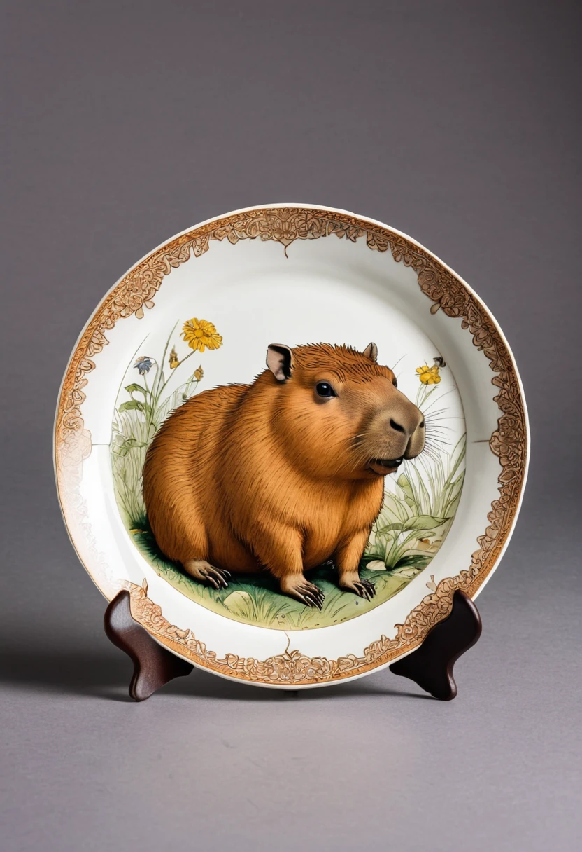 plate with a cute Capybara, (masterpiece, best quality, perfect composition, very aesthetic, absurdres, ultra-detailed, intricate details, Professional, official art, Representative work:1.3)