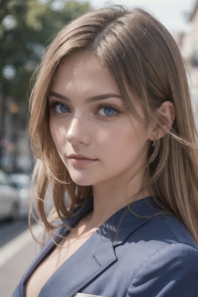 portrait of european girl,JennaColeman,solo,20yo,beautiful face,uppser body,hair over one eye,medium sidecut,cool toned blonde hair, sharp focus,pink business suit, medium boob, medium breasts, photo taken from a far, light blue eyes, detailee face, detailed eyes