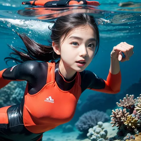 generate an image of a female model enjoying snorkeling in crystal clear waters.。she wore a colorful wetsuit.、exploring the beau...