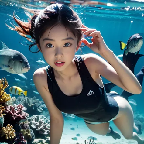 generate an image of a female model enjoying snorkeling in crystal clear waters.。she wore a colorful wetsuit.、exploring the beau...