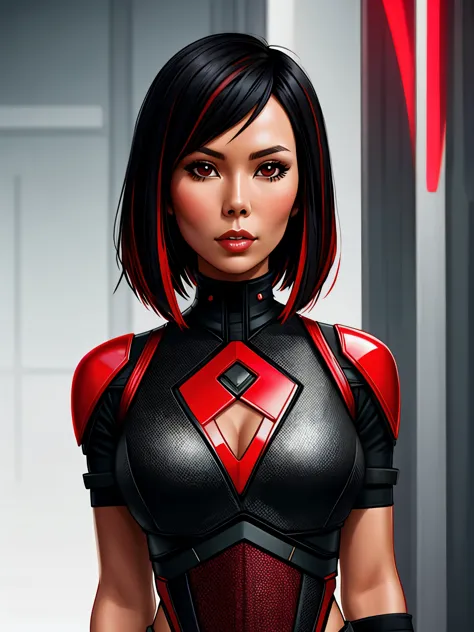 Lexa Doig, short bobcut black hair with red streaks, sleek futuristic outfit
