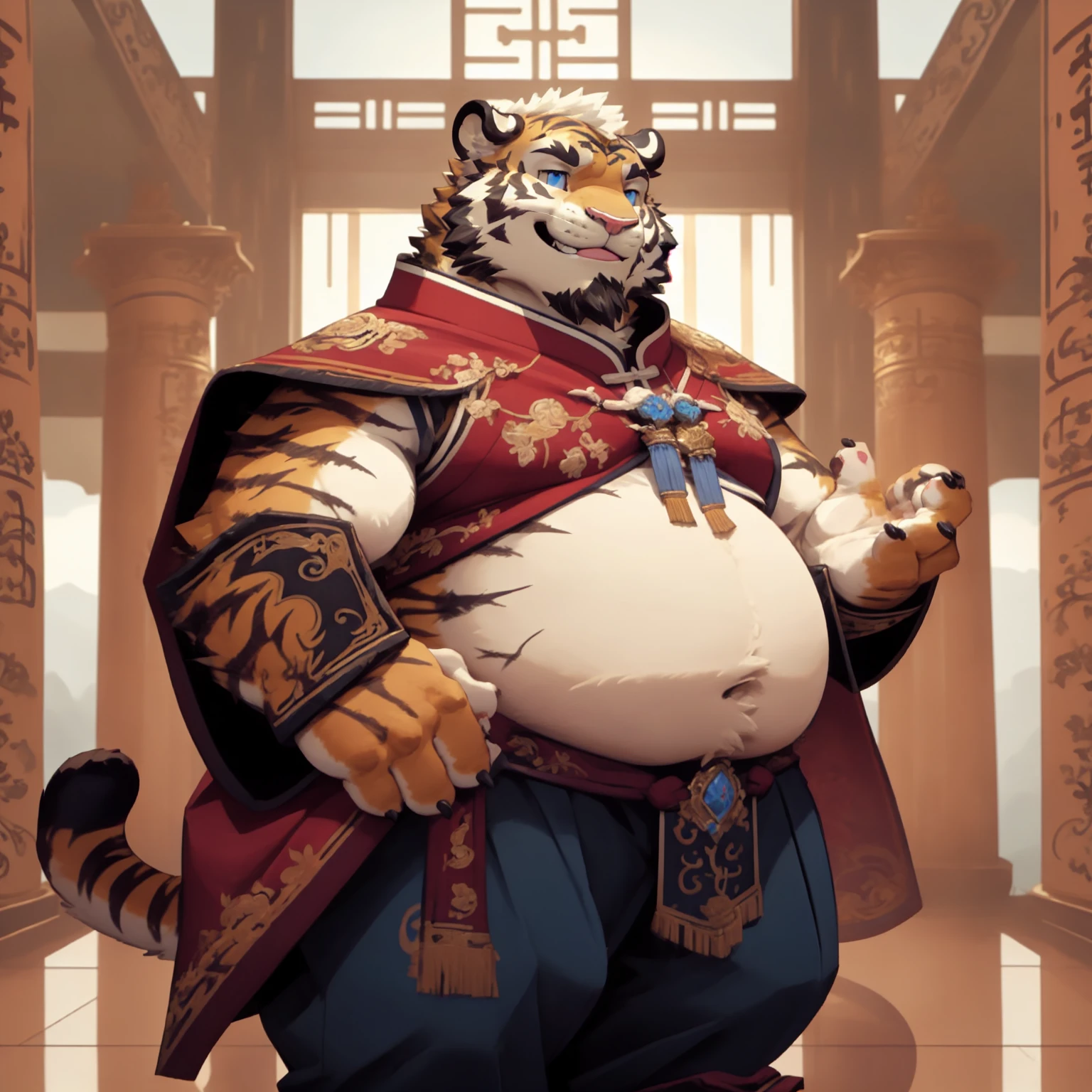 New Jersey 5 Furry,Tiger，portrait，Exquisite， Chubby，Fat，Thick arms，Rugged muscles，plush fur，Chubby脸，Black eyebrows，Sky blue eyes，Beard，Chinese style，Royal Palace，indoor，Imperial Bodyguard，Embroidered Tabard，Chinese armor，Red Cape，Pants，Standing，Smile